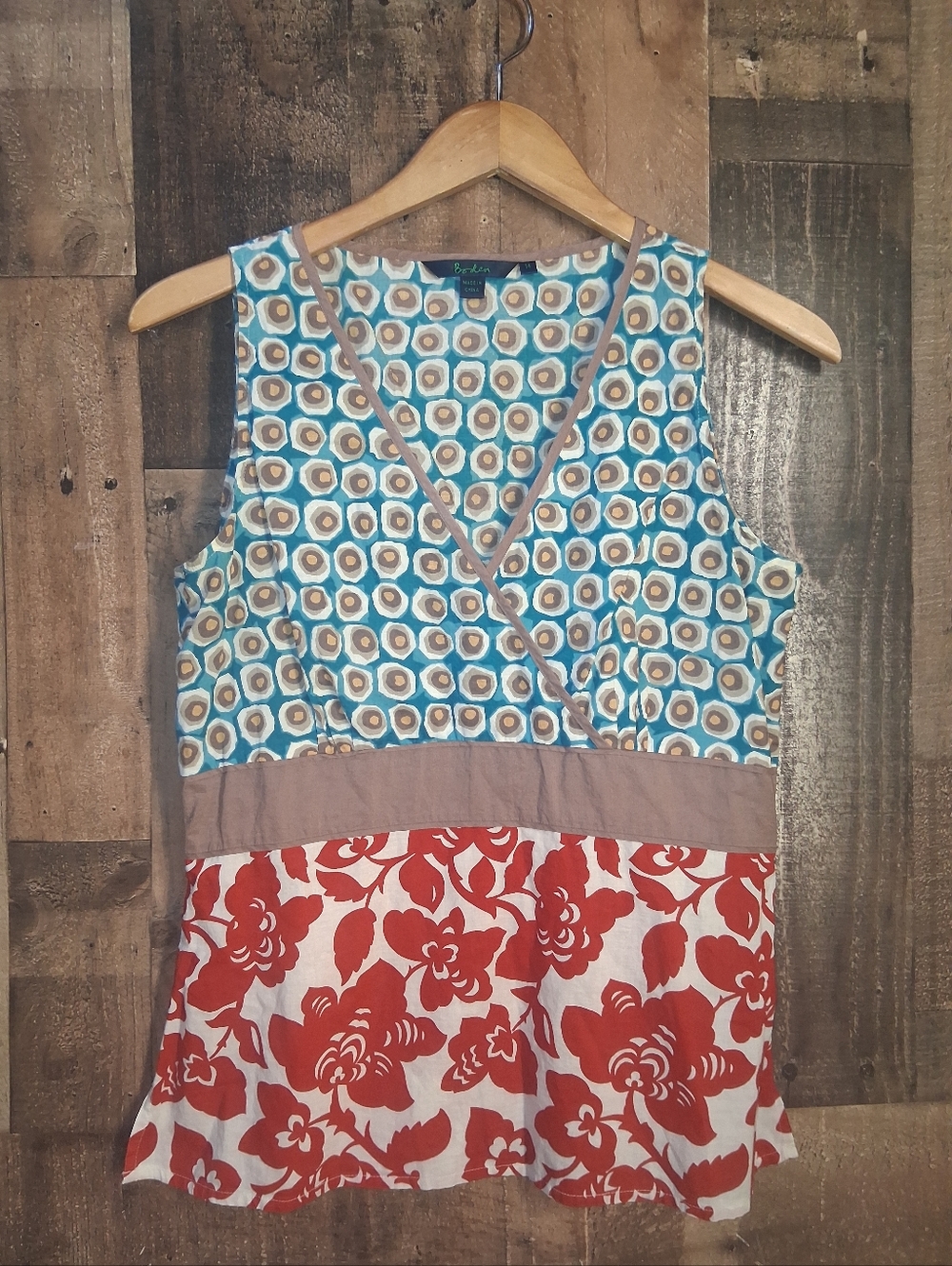 Boden Mixed Print Cotton Sleeveless Side Zipper Top Size 14 Floral Geometric